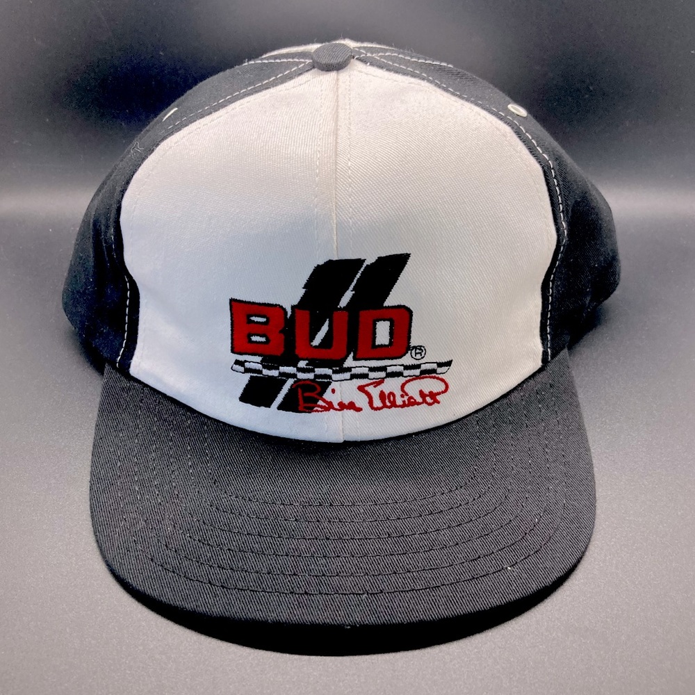 Vintage Budweiser Bud Racing Bill Elliot Snap Back Hat Black & White